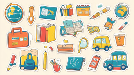 "Back to school vector set featuring cute school supply stickers, including icons of a backpack, bus, globe, books, pencils, ruler, magnifying glass, and bell."