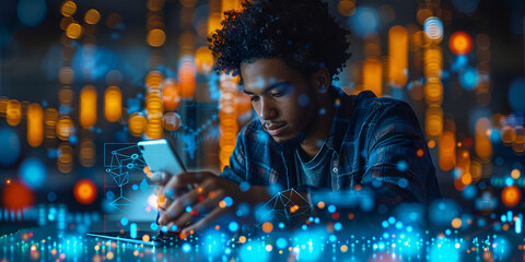 Young man using smartphone surrounded by digital data and lights
Artificial intelligence and digital technology represented by young man
