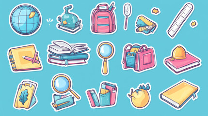 "Back to school vector set featuring cute school supply stickers, including icons of a backpack, bus, globe, books, pencils, ruler, magnifying glass, and bell."