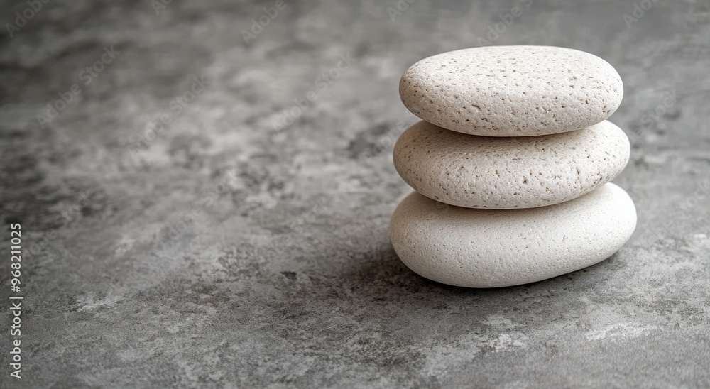 Poster stacked smooth stones on a gray surface creating a tranquil and balanced arrangement
