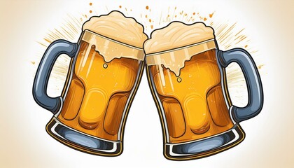 beer cheers vector. Two toasting beer mugs, Cheers. Clinking glass tankards full of beer and splashed foam. Cartoon style. Isolated on white background. Design for banner, poster, greeting cards.