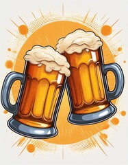 beer cheers vector. Two toasting beer mugs, Cheers. Clinking glass tankards full of beer and splashed foam. Cartoon style. Isolated on white background. Design for banner, poster, greeting cards.