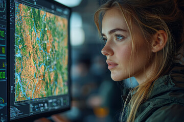 A team analyzing satellite imagery for environmental impact studies. Concept of remote sensing in modern research.