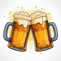 beer cheers vector. Two toasting beer mugs, Cheers. Clinking glass tankards full of beer and splashed foam. Cartoon style. Isolated on white background. Design for banner, poster, greeting cards.