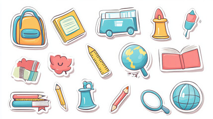 "Back to school vector set featuring cute school supply stickers, including icons of a backpack, bus, globe, books, pencils, ruler, magnifying glass, and bell."