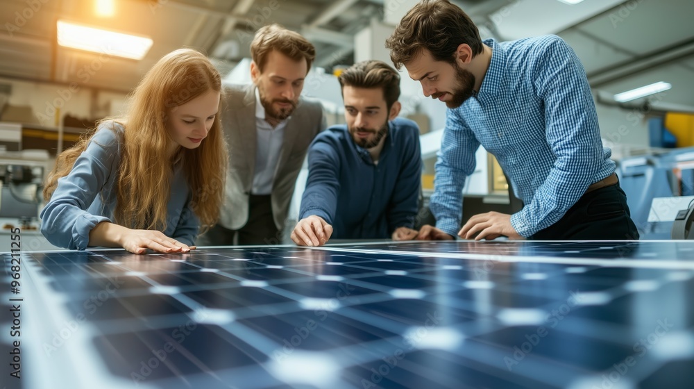 Poster group of professionals analyzing a solar panel prototype in a technology lab during daylight hours
