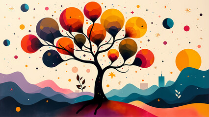 Whimsical Tree with Vibrant Canopy and Floating Bubbles