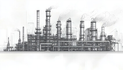 Line drawing depicting an industrial landscape featuring an oil refinery plant, representing the oil industry, with the sky depicted in a separate layer.