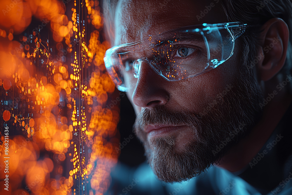 Aufkleber A scientist examining a holographic display of molecular structures. Concept of futuristic research tools in action.
