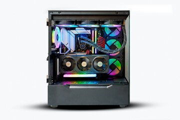 This image features a sleek gaming desktop computer with a tempered glass side panel, showcasing...