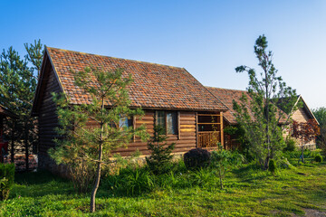 Wooden hotel cabin in the forest