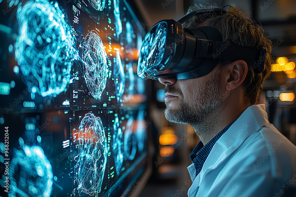 Poster a researcher in a virtual lab conducting simulations on a digital twin. concept of next-generation r