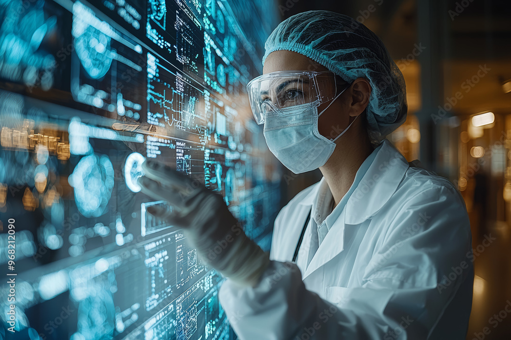 Poster a researcher developing ai-driven diagnostic tools in a medical tech lab. concept of integrating ai 