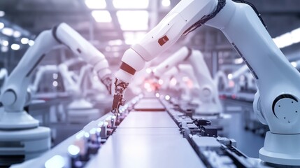 Robotic Arms Working on Assembly Line in Factory