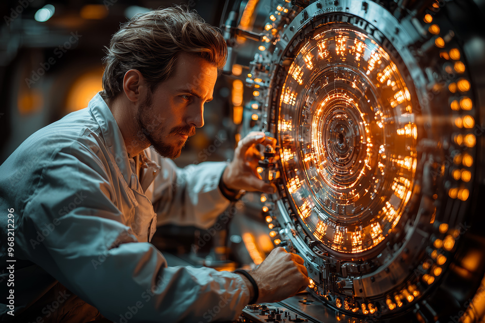 Poster a physicist experimenting with particle accelerators. concept of exploring fundamental physics in mo