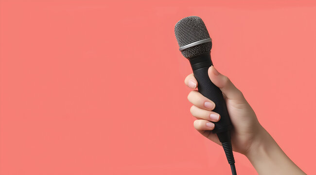 Illustration cr&eacute;ative d'une main tenant un micro pour une interview ou un podcast, fond color&eacute; simple et professionnel rose saumon