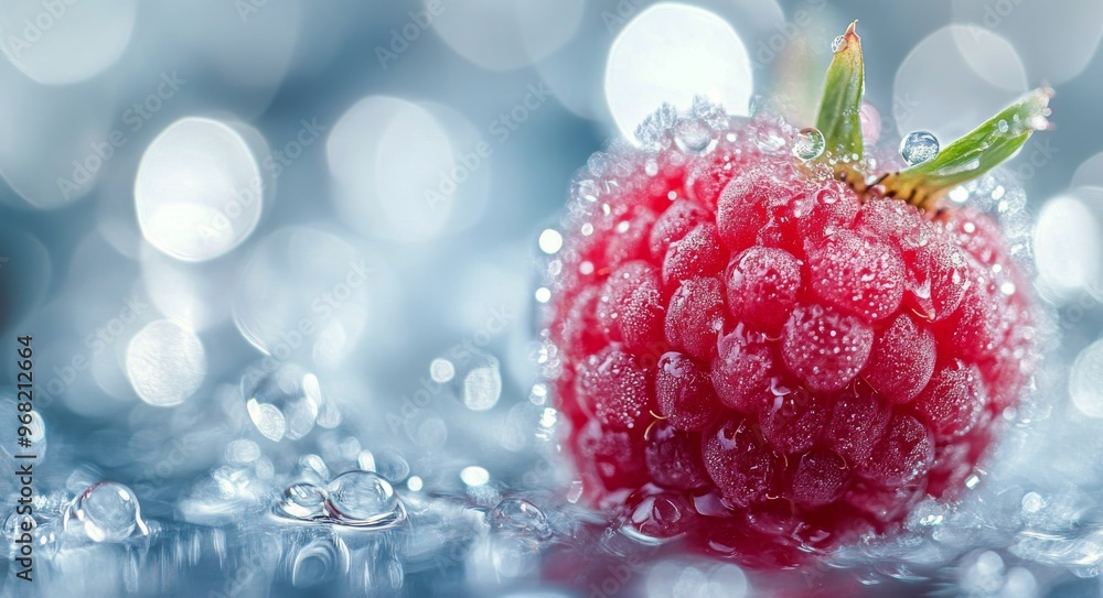 Poster fresh raspberry surrounded by water droplets on a reflective surface in soft natural light