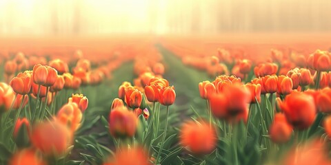 Obraz premium Netherlands Tulip Field in Spring with Orange Tulips and Soft Focus