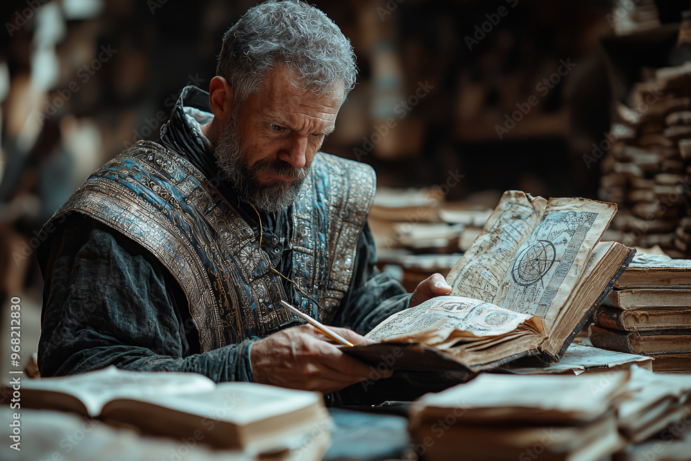 Aufkleber a medieval scholar studying astronomy with ancient texts and instruments. concept of medieval scienc