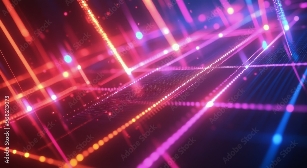 Poster vibrant neon lights create a dynamic pattern in a reflective futuristic environment