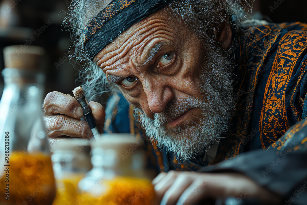 Poster a medieval alchemist experimenting with mysterious substances. concept of early science and the ques