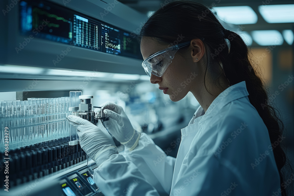 Poster a lab technician operating a gene-editing machine with precision tools. concept of genetic modificat