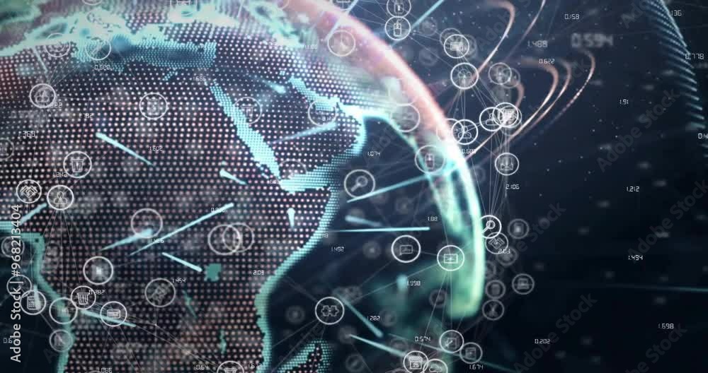 Aufkleber animation of globe and network of connections with icons and data processing on black background