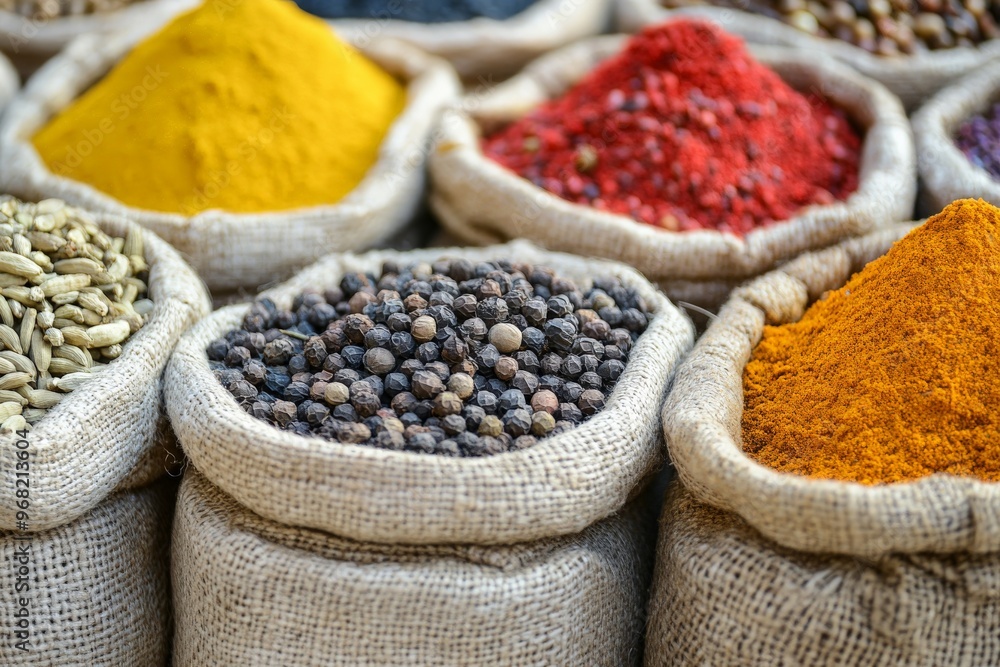 Poster A vibrant display of various spices in burlap sacks, showcasing a rich diversity of flavors and aromas characteristic of a traditional market setting.