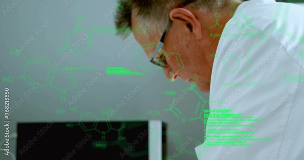 Poster animation of data processing with chemical formula over caucasian male scientist working in lab