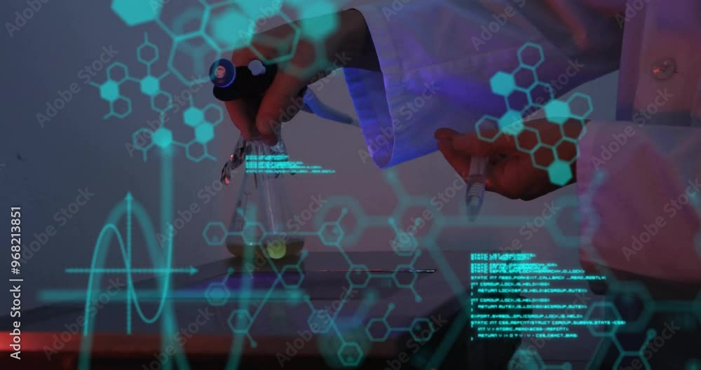 Poster animation of data processing with chemical formula over caucasian male scientist working in lab