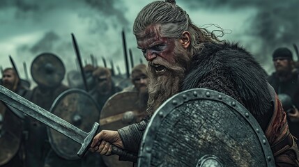 Strong viking in battle with his warriors.