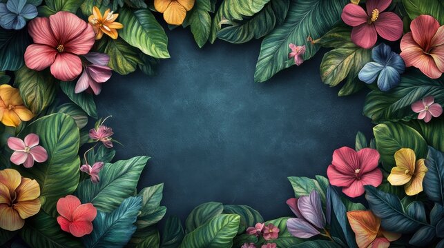 floral frame design, eye-catching floral border featuring lush flowers and leaves, ideal for a postcard template design showcase