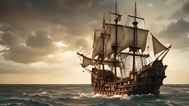Pirate ship crossing the ocean,footage,4k,hd