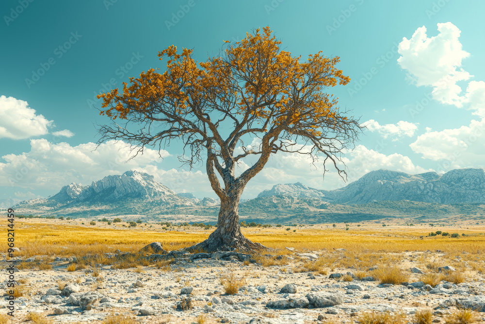 Poster a dried-out tree with withered branches standing in a parched landscape. concept of the effects of c