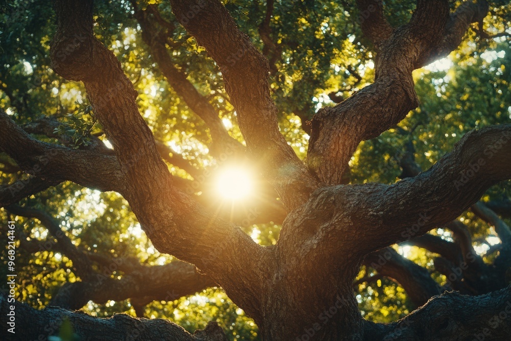 Poster Bright sunlight beams through the thick and sturdy branches of a tree in the forest, creating an enchanting glow and casting beautiful light patterns on the foliage.