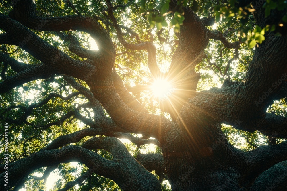 Poster Vivid sun rays shine through the large branches of a majestic tree, casting light and shadow patterns on the lush foliage below in a beautiful, serene forest setting.