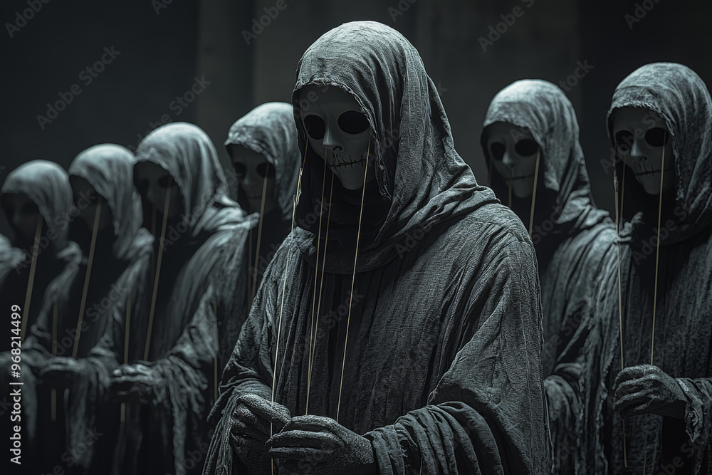 Aufkleber a depiction of death as a puppet master, controlling dancers with invisible strings. concept of fate