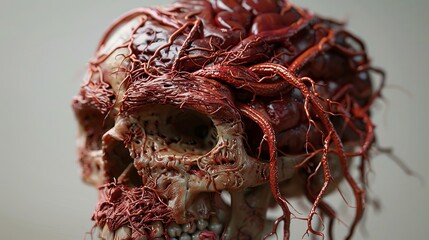 Detailed digital artwork of a human skull with exposed brain and spinal cord on gradient background