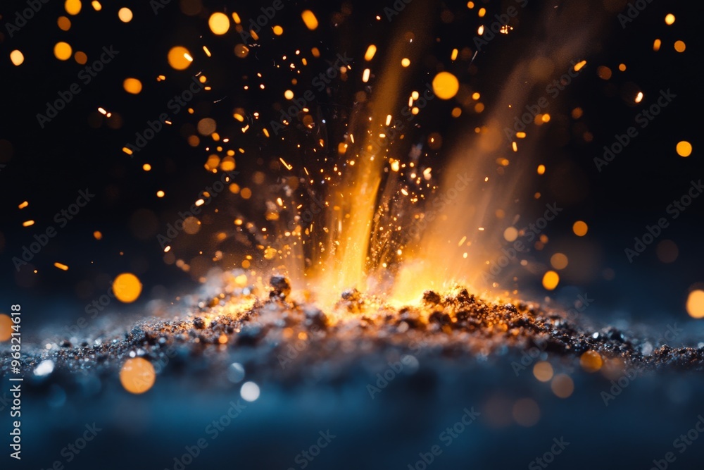 Poster This close-up shows the mesmerizing burst of fiery golden particles in the air, with bright sparks creating an intense and energetic visual display against the dark backdrop.