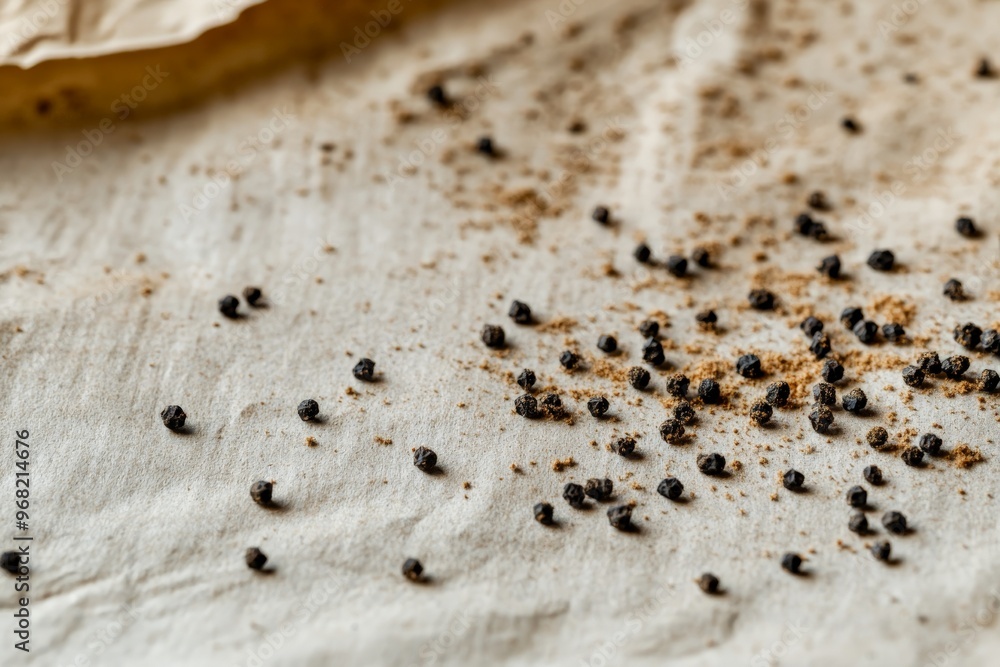 Poster black peppercorns and ground spice powder are scattered on a white paper background, emphasizing the