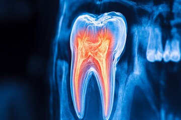 A vibrant X-ray image highlighting the internal structure of a tooth, showcasing details such as roots and nerves, representing dental health and medical imaging technology.