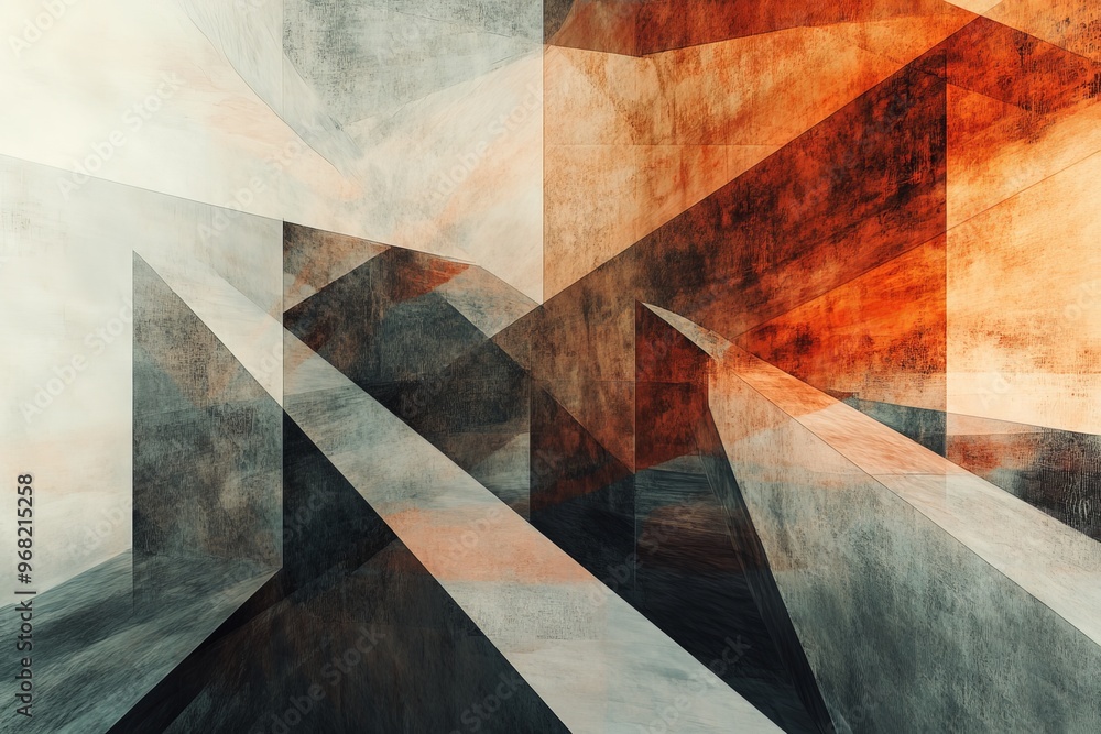 Aufkleber Abstract geometric artwork featuring overlapping shapes and colors, creating a sense of depth and dimensionality; the colors are primarily warm and cool tones.