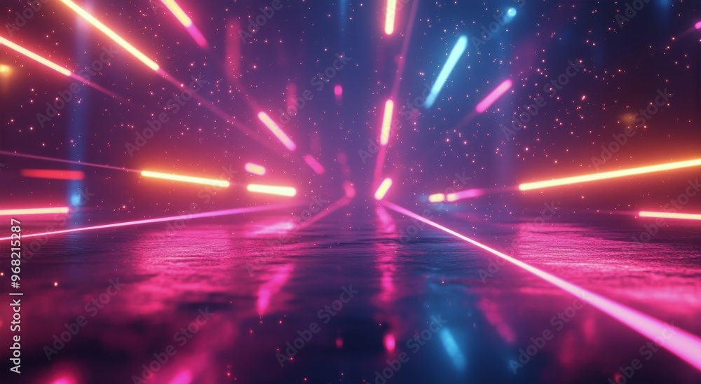 Poster vibrant neon lights create a dynamic pattern in a reflective futuristic environment