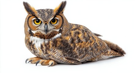 Fototapeta premium A majestic owl spreads its wings in a snowy landscape during the early morning hours