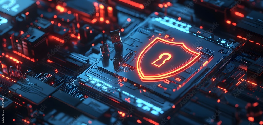 Aufkleber a close-up view of a digital security shield symbol on a circuit board, highlighting technology and 