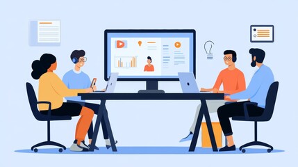 Diverse team meeting virtually, discussing a project while using video conferencing and online tools.