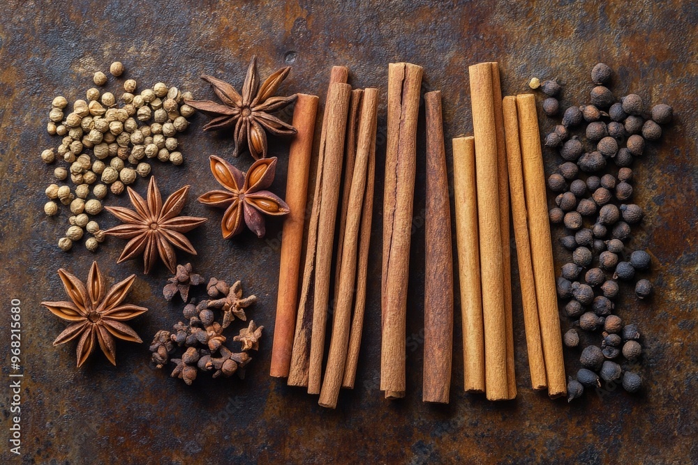Poster this image shows different spices such as cinnamon sticks, star anise, black pepper, and allspice ar