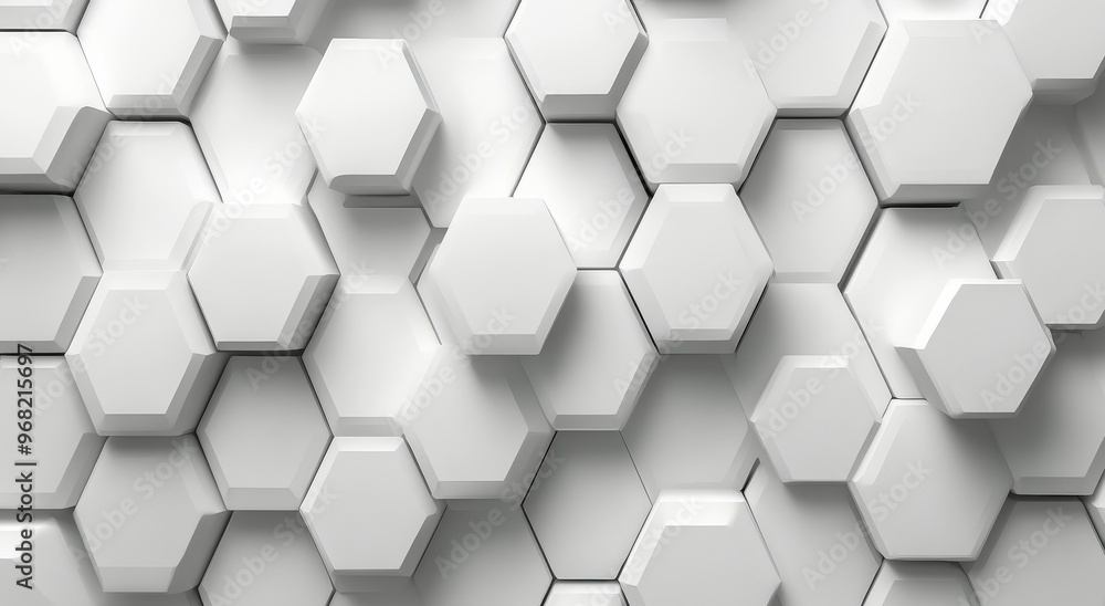 Poster modern geometric pattern created with white hexagonal tiles on a textured wall surface