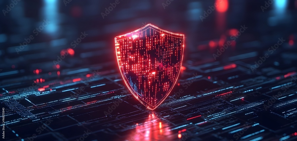 Poster a digital shield symbolizing protection and security in a futuristic, high-tech environment with glo