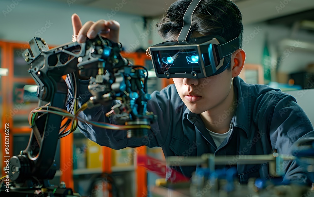 Poster a focused engineer using virtual reality glasses to operate a robotic arm in a tech lab, showcasing 